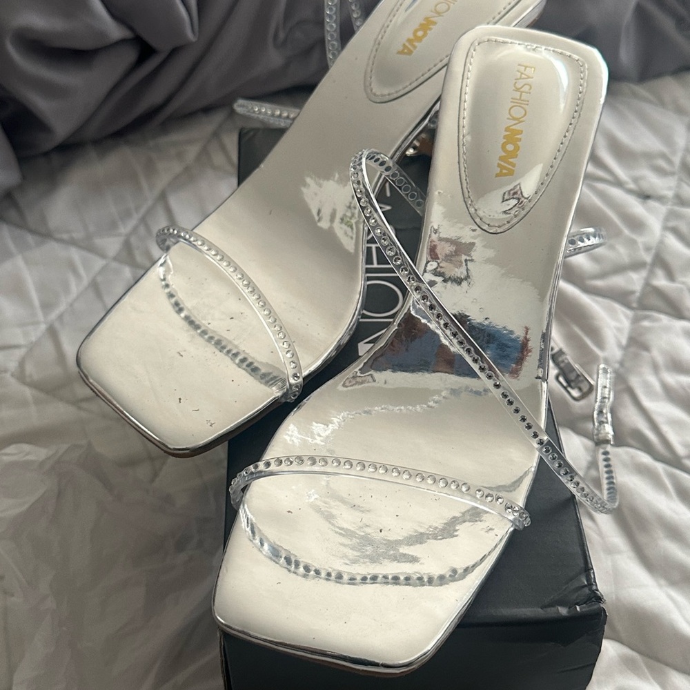 Fashion Nova Silver and White Strappy Heels